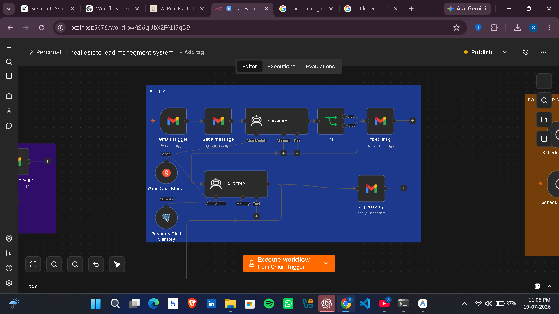 Step 2: This workflow is triggered whenever a lead replies to the follow-up email or sends a new email. The Gmail Trigger captures the incoming message, retrieves its content, and passes it to an AI agent powered by Groq. The AI first classifies whether the email is related to real estate. If it is, the AI generates a personalized reply based on the lead's questions, previous conversation, and stored chat memory, then automatically sends the response through Gmail. If the email is not related to real estate, the workflow sends a predefined message instead. This enables natural, context-aware conversations with leads without any manual intervention.