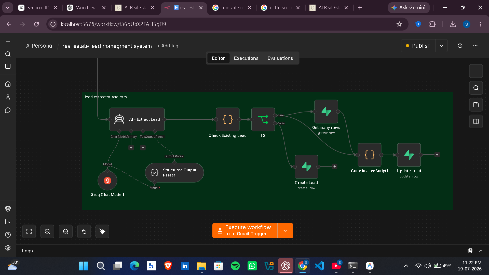 Step 3: This workflow automatically extracts important information from the customer's email using AI, such as their name, contact details, property preferences, budget, location, property type, buying intent, and other relevant requirements. The extracted data is then mapped and synchronized with the CRM. If the customer already exists in the CRM, the workflow updates the existing record with the latest information instead of creating a duplicate entry. If it's a new customer, it creates a new CRM record. This ensures the CRM always contains accurate, up-to-date information while preventing duplicate records and reducing manual data entry.